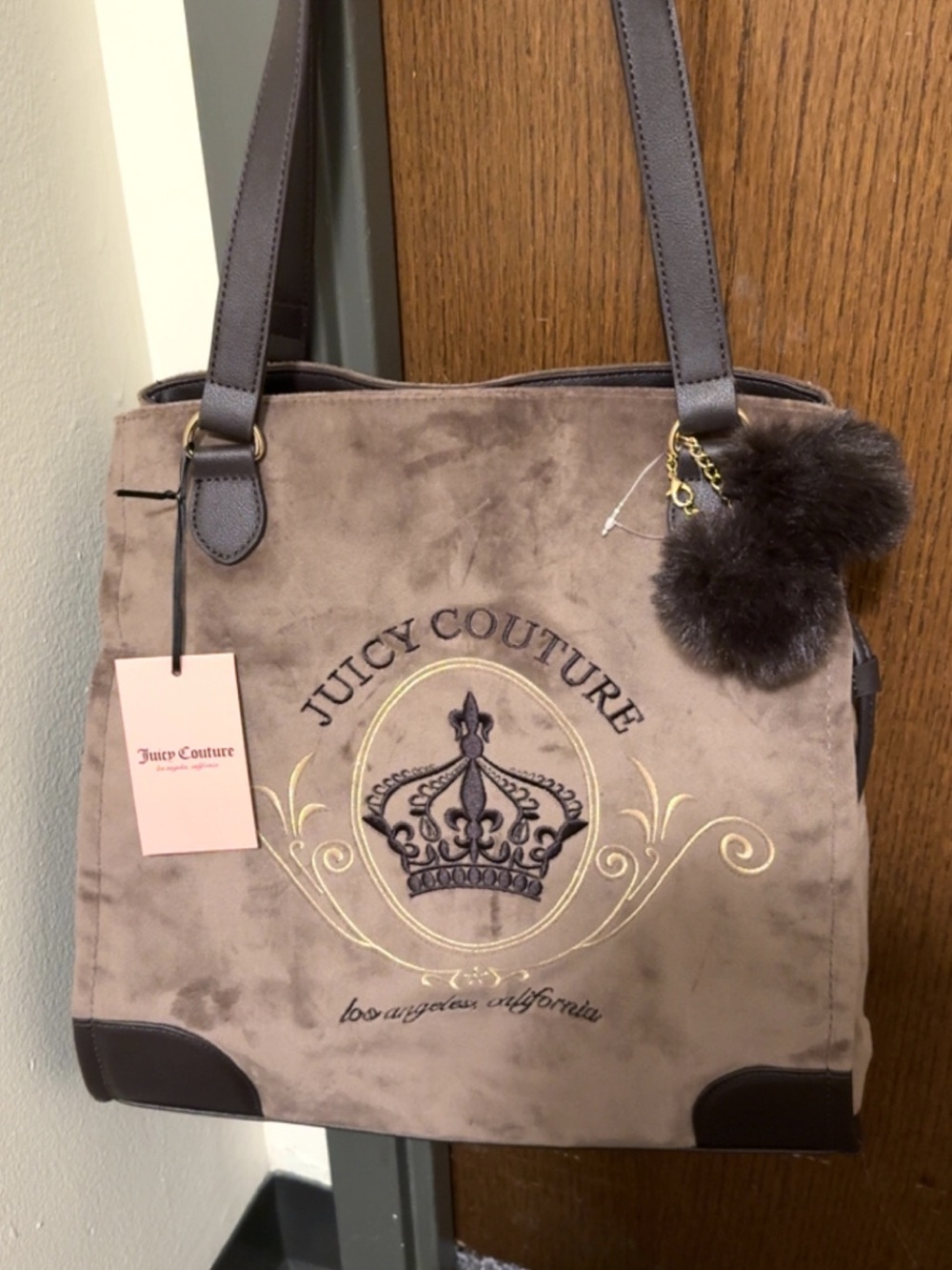 BRAND NEW Juicy Couture Taupe and Dark Brown Suede Tote with Pom Charm